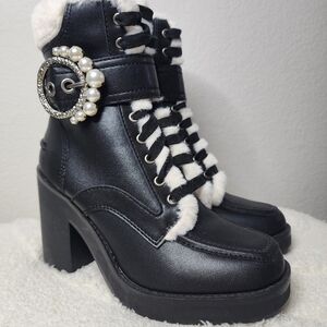 Karl Lagerfeld "Dottie" Black Leather Combat-Style Boots Size 6.5M NWOT